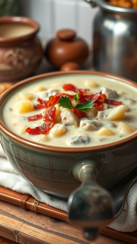 A bowl of creamy clam chowder with bacon and parsley, set in a cozy kitchen.